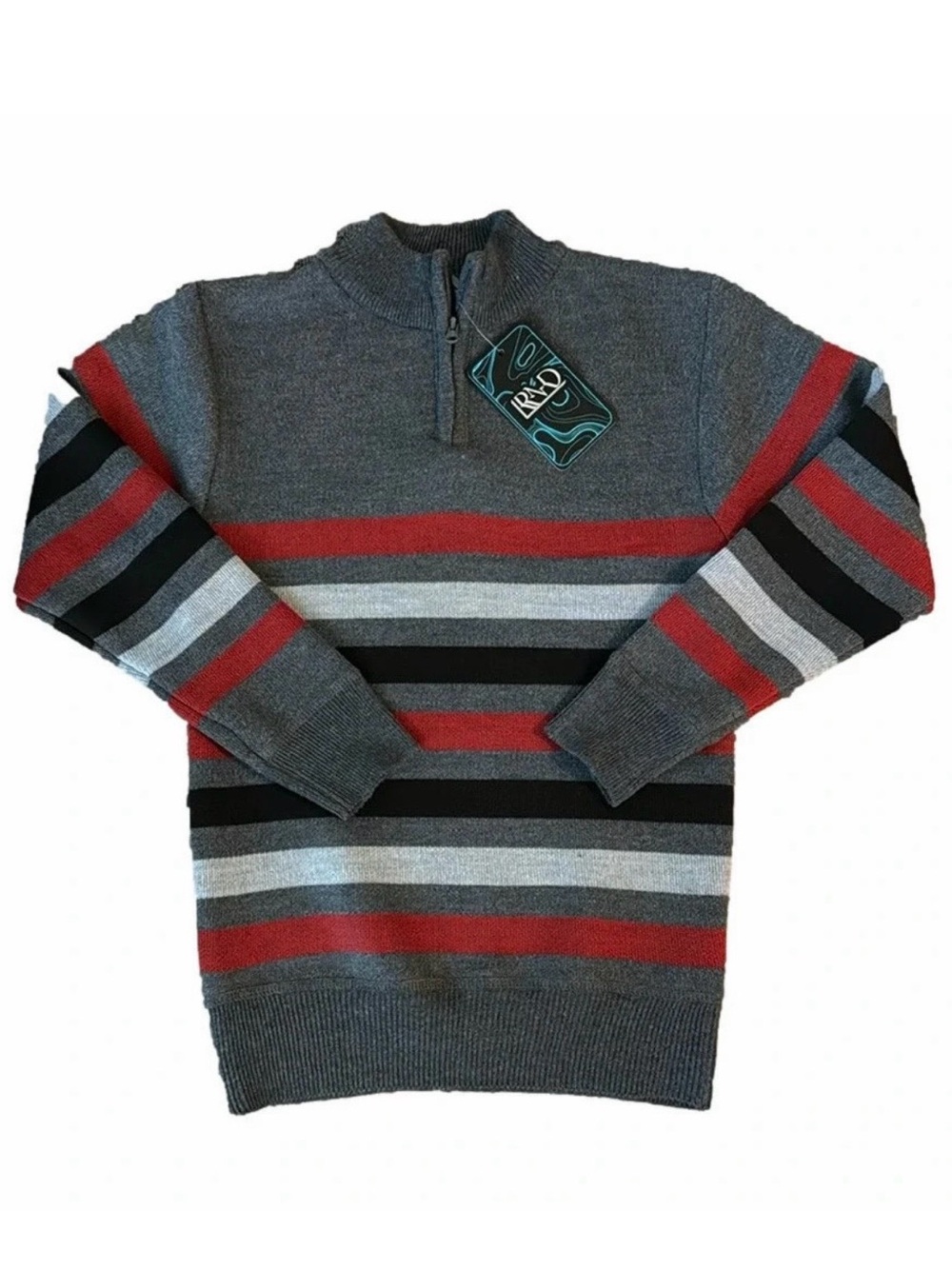 NWT. Boys Size 5 Gray Quarter-Zip Striped Sweater with Red and Black Accents